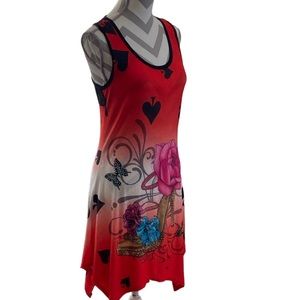 Red Dress Razorback with Lace Insert “Queen of Hearts “ Fun Design ! M/L